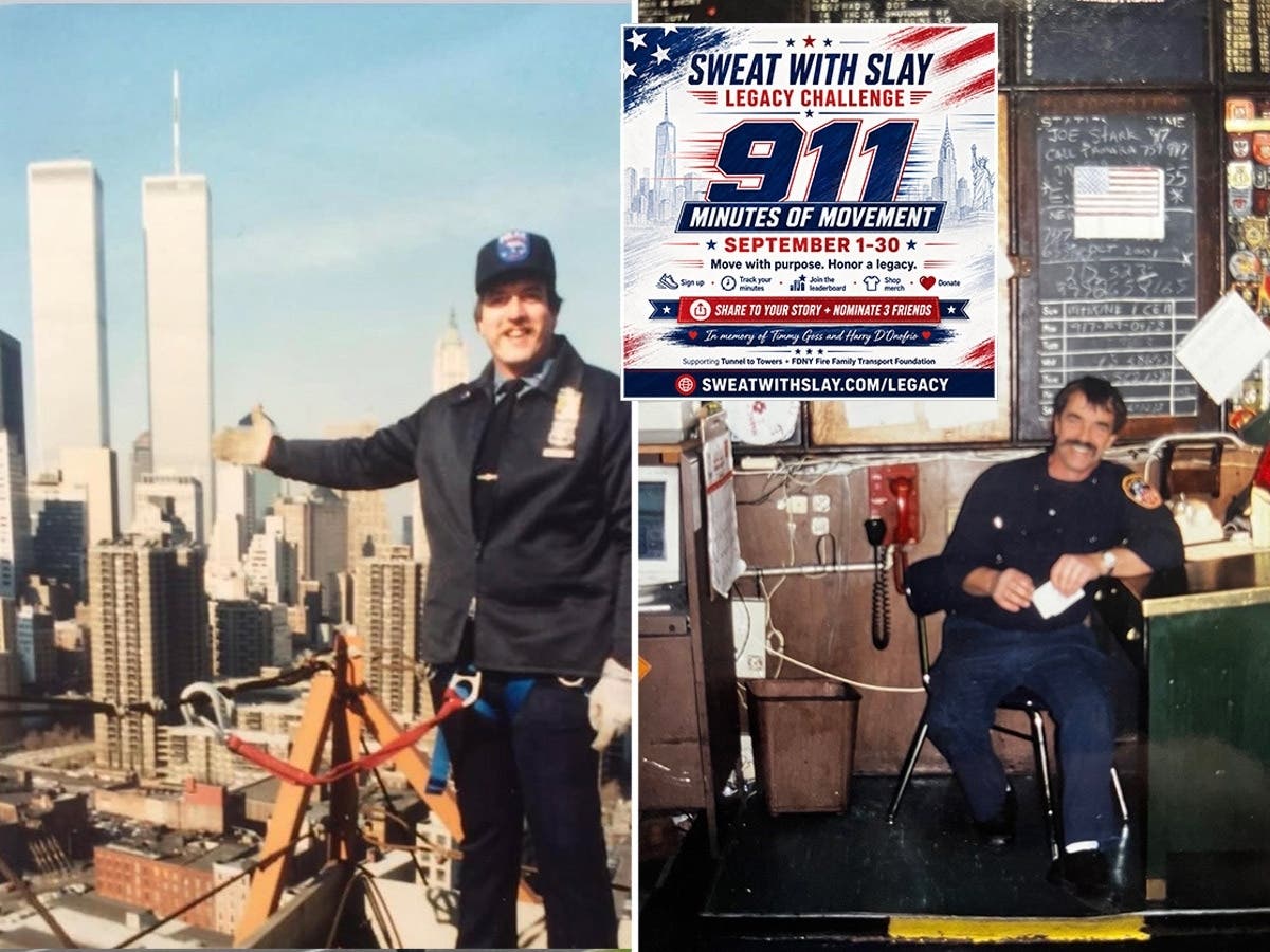 Harry D'Onofrio, left, and Timothy “Timmy” Goss, the two first responders honored by the Sweat for Sacrifice Legacy Challenge, pictured with the Twin Towers.